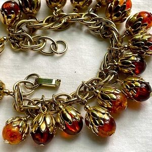 Foliate Amber Dangling Glass Beaded Bracelet 7”